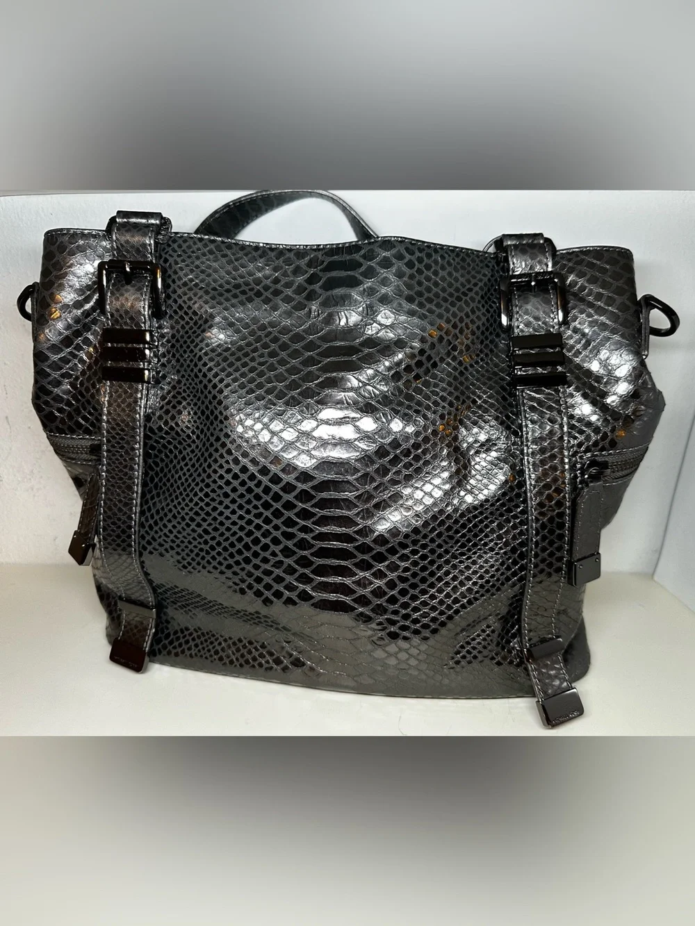 Michael Kors Glossy Black Snake-Embossed Shoulder Bag